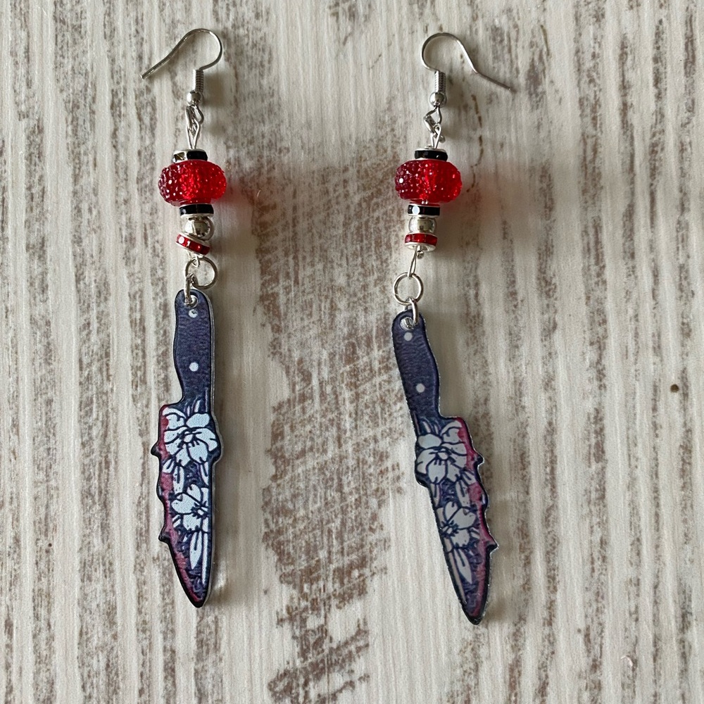 Floral Dagger Earrings with Red Beads